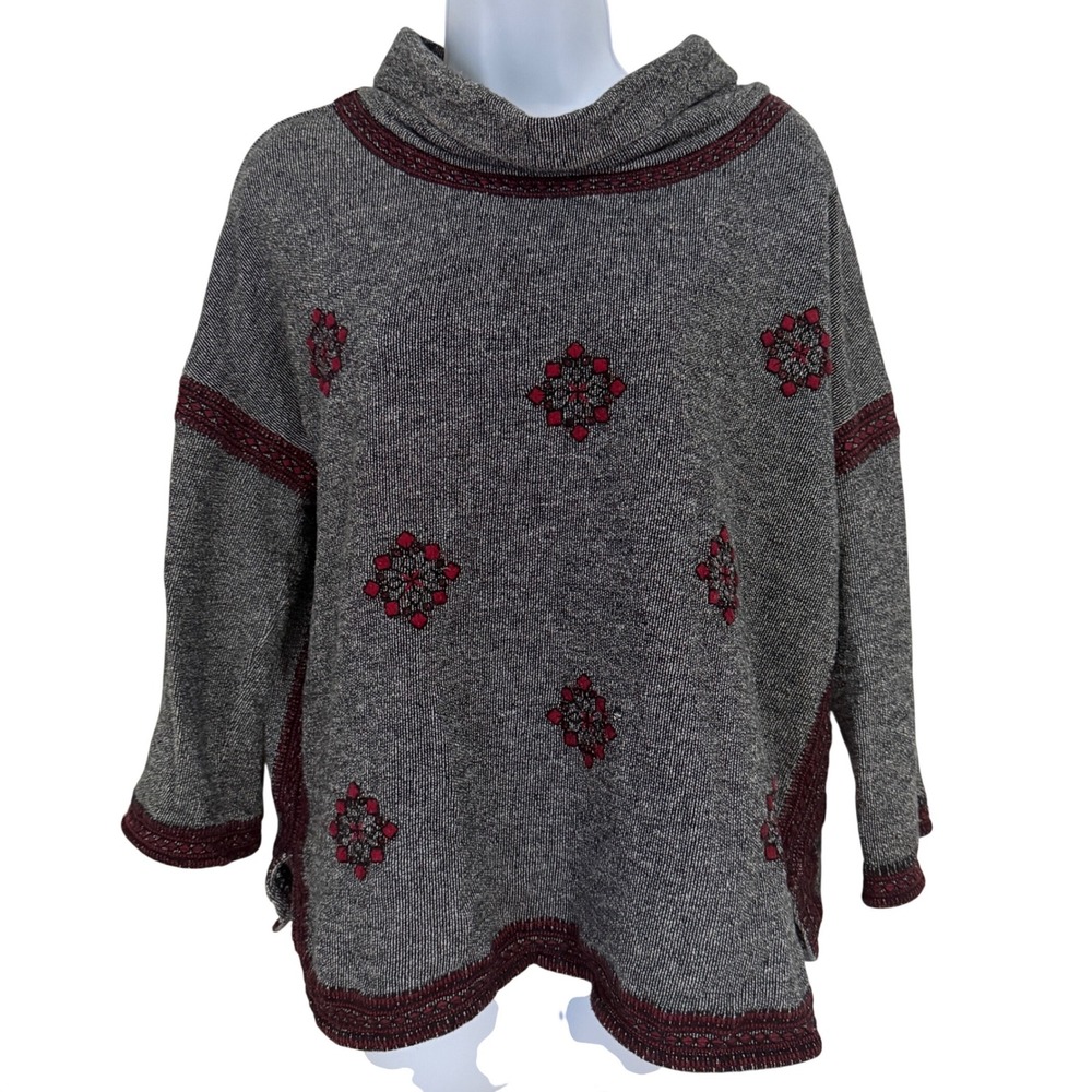 Lucky Lotus Gray Cotton Cowl Neck Embroidered Pullover Top L Yoga Boho Hippy LA